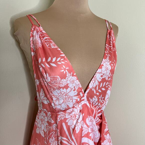 Free People Ashley Slip Dress 8 Womens Pink Plunge Maxi Ruffle Feminine Floral - Picture 7 of 14